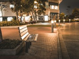 A serene city street scene featuring an empty bench at night, illuminated by streetlights.