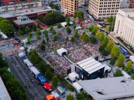 Drone captures vibrant outdoor concert crowd in central Chattanooga, Tennessee.