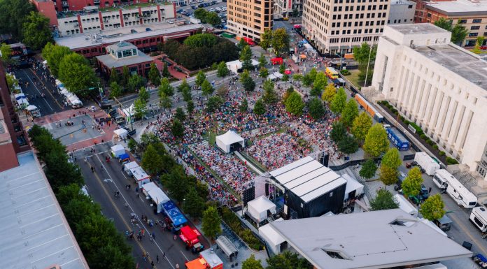 Drone captures vibrant outdoor concert crowd in central Chattanooga, Tennessee.