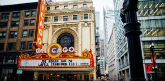 Vibrant view of the historic Chicago Theatre on a bustling downtown street.