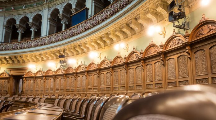 Interior view of the elegant Swiss Parliament council chamber in Bern, Switzerland.