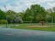 A father and child enjoy playing basketball on an outdoor court in a green, tranquil park setting.