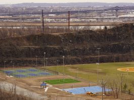 Aerial view of multi-sport fields in urban park with city skyline and bridge in background.