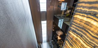 High-angle view of a modern interior featuring elegant lighting and design details.