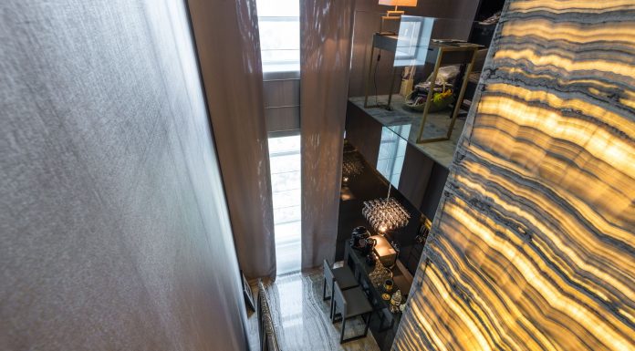 High-angle view of a modern interior featuring elegant lighting and design details.