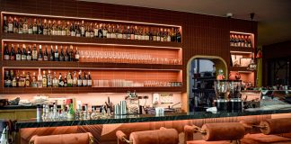 A chic bar interior showcasing a sophisticated design with plush seating and a well-stocked counter.