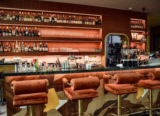 A chic bar interior showcasing a sophisticated design with plush seating and a well-stocked counter.