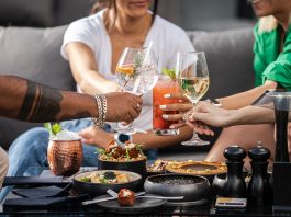 A group of friends enjoying cocktails and snacks at an outdoor gathering, clinking glasses in a cheerful toast.