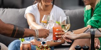A group of friends enjoying cocktails and snacks at an outdoor gathering, clinking glasses in a cheerful toast.