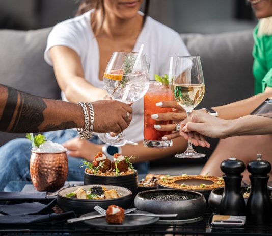 A group of friends enjoying cocktails and snacks at an outdoor gathering, clinking glasses in a cheerful toast.