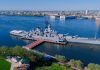 Stunning aerial shot of the USS New Jersey battleship docked in Philadelphia, Pennsylvania.