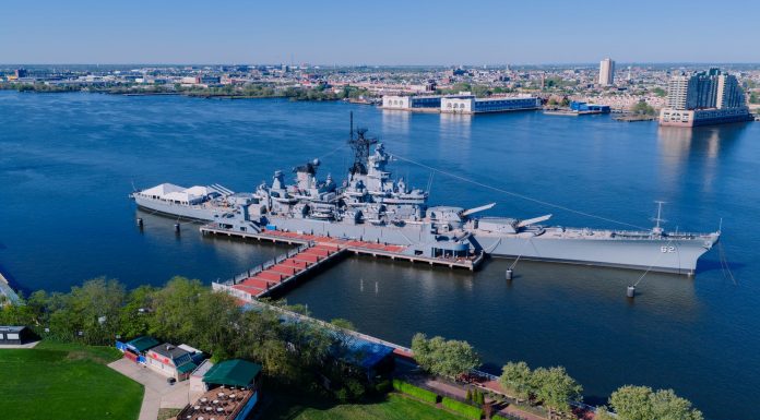Stunning aerial shot of the USS New Jersey battleship docked in Philadelphia, Pennsylvania.