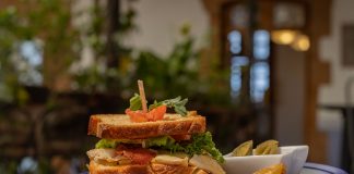 Where to grab lunch in Jersey City this week Mouthwatering club sandwich with crispy fries on a blue plate, perfect for a hearty meal.