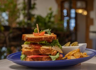 Where to grab lunch in Jersey City this week Mouthwatering club sandwich with crispy fries on a blue plate, perfect for a hearty meal.