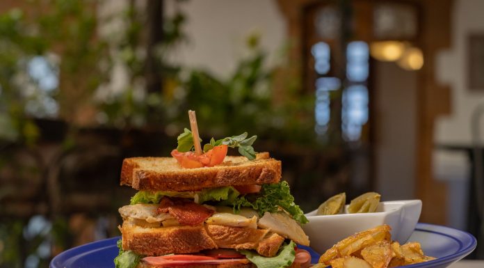 Mouthwatering club sandwich with crispy fries on a blue plate, perfect for a hearty meal.
