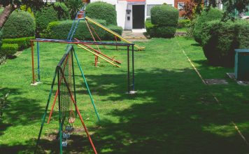 Vibrant outdoor playground with swings and slides in a lush green park setting under a bright sky.