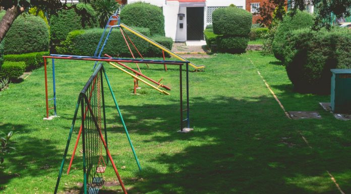Vibrant outdoor playground with swings and slides in a lush green park setting under a bright sky.