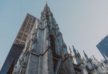 St. Patrick's Cathedral and nearby skyscrapers, showcasing Gothic architecture in New York City.