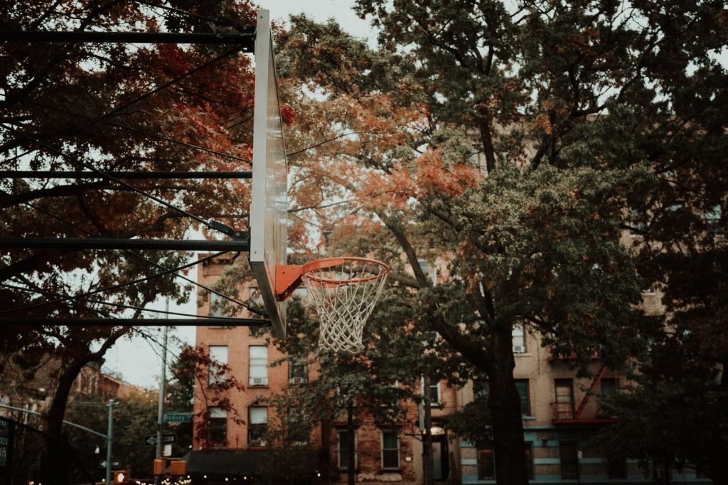 A basketball hoop set against a backdrop of autumn foliage and city architecture in New York, capturing urban life.