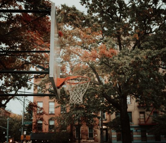 Best Parks in West New York for Families in 2026: A Local’s Guide A basketball hoop set against a backdrop of autumn foliage and city architecture in New York, capturing urban life.