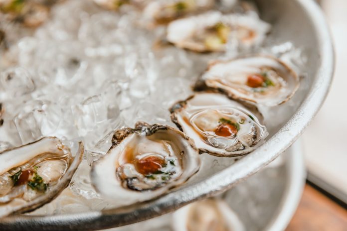 Close-up of fresh oysters served on a bed of crushed ice, perfect for seafood lovers.