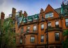 A detailed view of historic brick buildings with classic architectural elements in Boston, Massachusetts.
