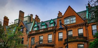 A detailed view of historic brick buildings with classic architectural elements in Boston, Massachusetts.