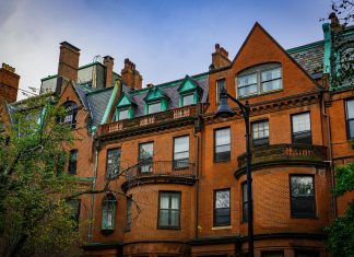 A detailed view of historic brick buildings with classic architectural elements in Boston, Massachusetts.