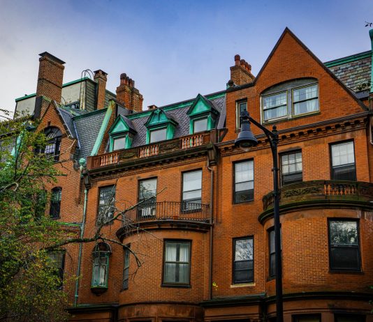 A detailed view of historic brick buildings with classic architectural elements in Boston, Massachusetts.