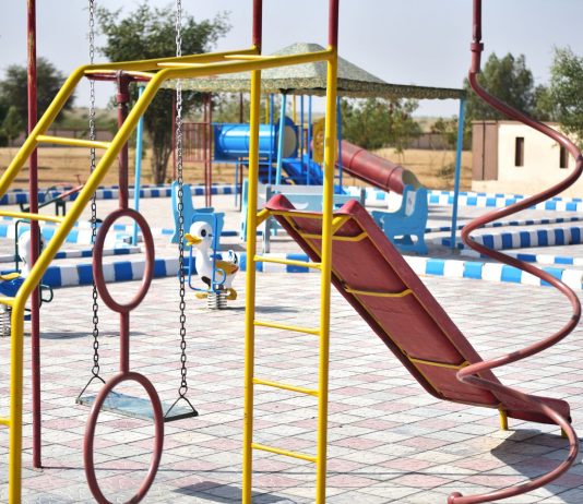 Vibrant playground with slides and swings in outdoor park setting.