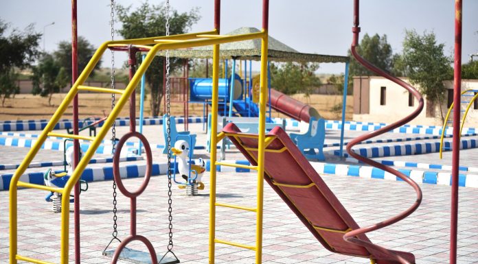 Vibrant playground with slides and swings in outdoor park setting.