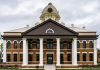 Front view of the historic Mason County Courthouse in Mason, Texas, USA.