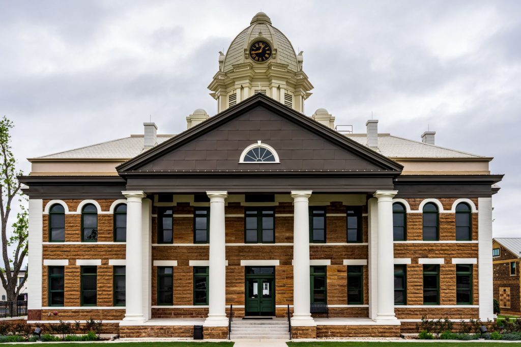 Front view of the historic Mason County Courthouse in Mason, Texas, USA.