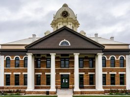 Front view of the historic Mason County Courthouse in Mason, Texas, USA.
