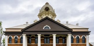 Front view of the historic Mason County Courthouse in Mason, Texas, USA.