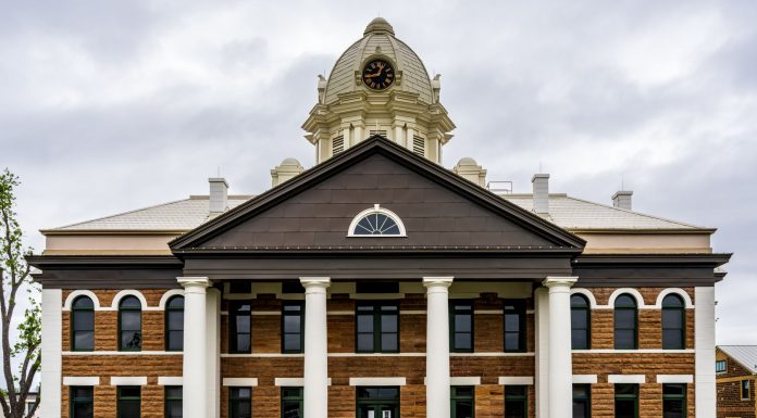 Front view of the historic Mason County Courthouse in Mason, Texas, USA.