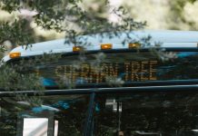 Bus Rapid Transit Meeting Set for Sept. 23 in Jersey City A public bus with a digital sign indicating Sherman Tree destination, amidst greenery.