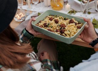 Hoboken’s Spaghetti Dinner Block Party Returns Sept. 8 Aerial view of a delicious pasta and meatball dish being served at a cozy outdoor gathering.