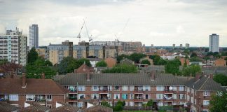 Aerial view of residential buildings in Greater London showcasing urban housing.