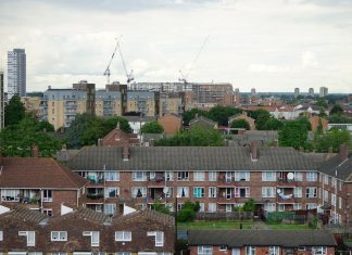 Aerial view of residential buildings in Greater London showcasing urban housing.