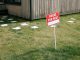 A red 'House for Rent' sign stands on a grassy lawn beside a wooden house exterior.