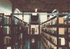 Bookshelves in a library with a vintage tone in San José, Costa Rica.