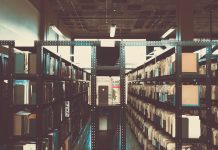 Bookshelves in a library with a vintage tone in San José, Costa Rica.