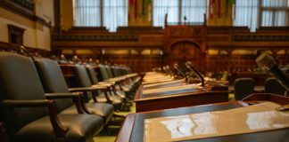 A detailed view of an empty legislative chamber with rows of desks and microphones, evoking governance.