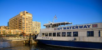 Lo Que Los Locales Aman de Vivir en Hoboken en 2026 NY Waterway ferry docking at Hoboken, NJ against a clear blue sky, showcasing urban architecture.