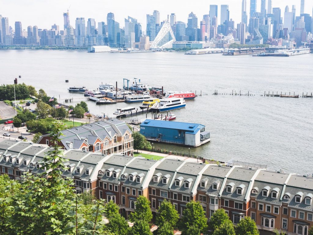 Aerial view of Edgewater, NJ overlooking the waterfront and Manhattan skyline.