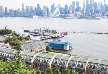 Aerial view of Edgewater, NJ overlooking the waterfront and Manhattan skyline.