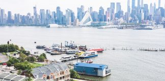 Aerial view of Edgewater, NJ overlooking the waterfront and Manhattan skyline.