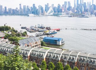 Aerial view of Edgewater, NJ overlooking the waterfront and Manhattan skyline.