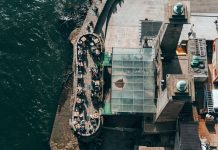 Top-down view of a riverside restaurant in Porto, Portugal, with people dining outdoors.